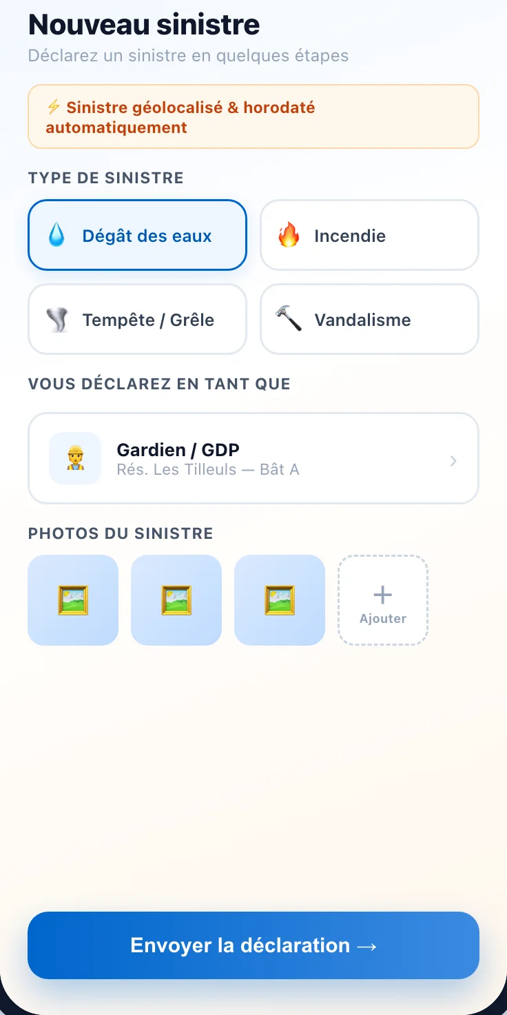 Déclaration d'un sinistre sur mobile par un gardien
